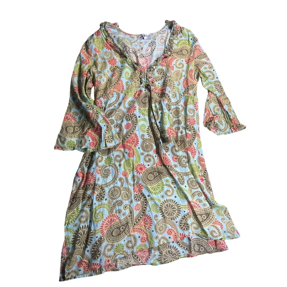 Bag Lady Mud Pie Womens L 100% Linen Paisley Dress Bell Sleeve Boho Cottage